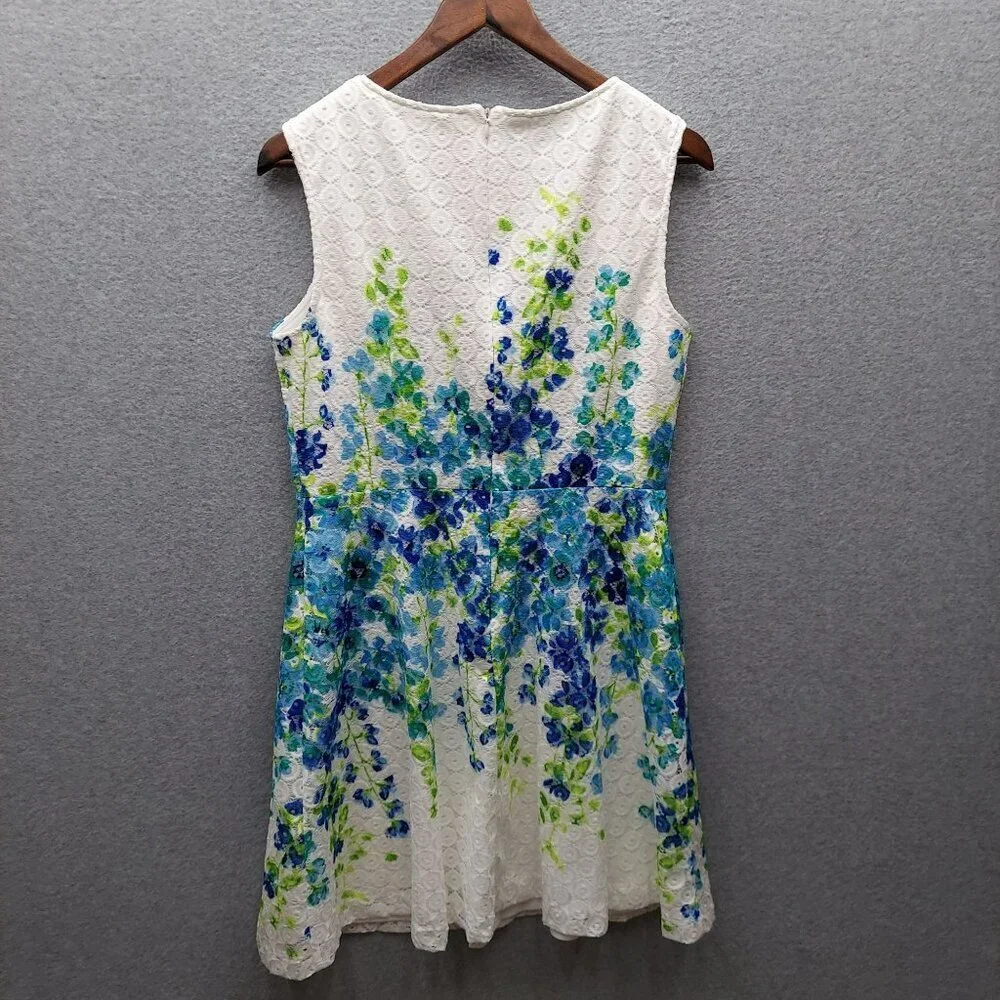 Sandra Darren 10P White Floral swing Sleeveless Dress With Blue & Green Pattern - Picture 4 of 4